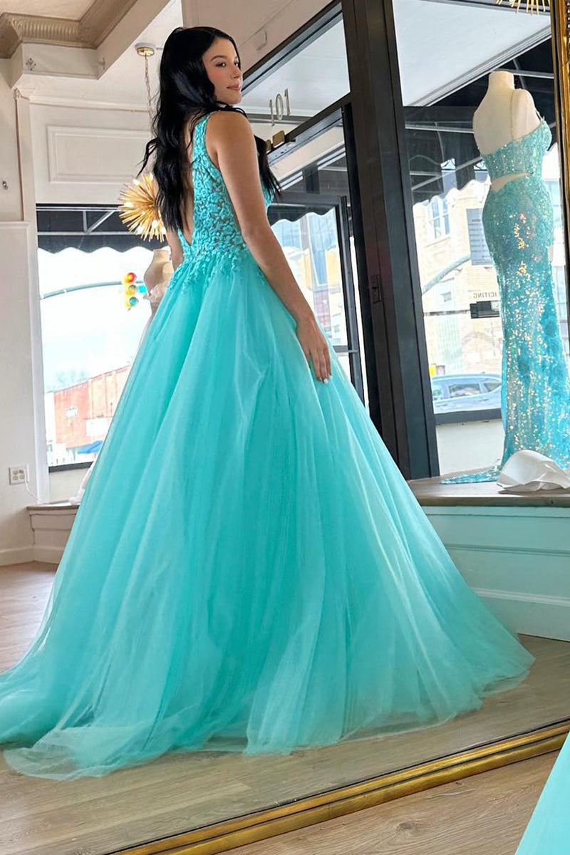 Load image into Gallery viewer, Tulle Deep V-Neck Sky Blue Long Prom Dress with Appliques