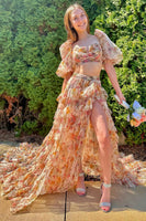 Load image into Gallery viewer, Puff Sleeves Printed Blush Long Prom Dress with Slit