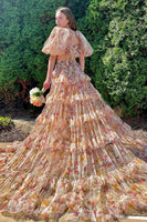 Load image into Gallery viewer, Puff Sleeves Printed Blush Long Prom Dress with Slit