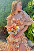 Load image into Gallery viewer, Puff Sleeves Printed Blush Long Prom Dress with Slit