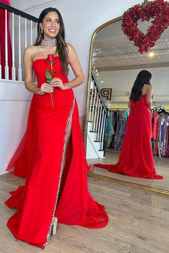 Mermaid Strapless Red Long Prom Dress with Slit