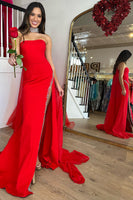 Load image into Gallery viewer, Mermaid Strapless Red Long Prom Dress with Slit