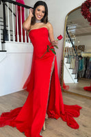 Load image into Gallery viewer, Mermaid Strapless Red Long Prom Dress with Slit