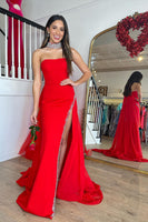 Load image into Gallery viewer, Mermaid Strapless Red Long Prom Dress with Slit