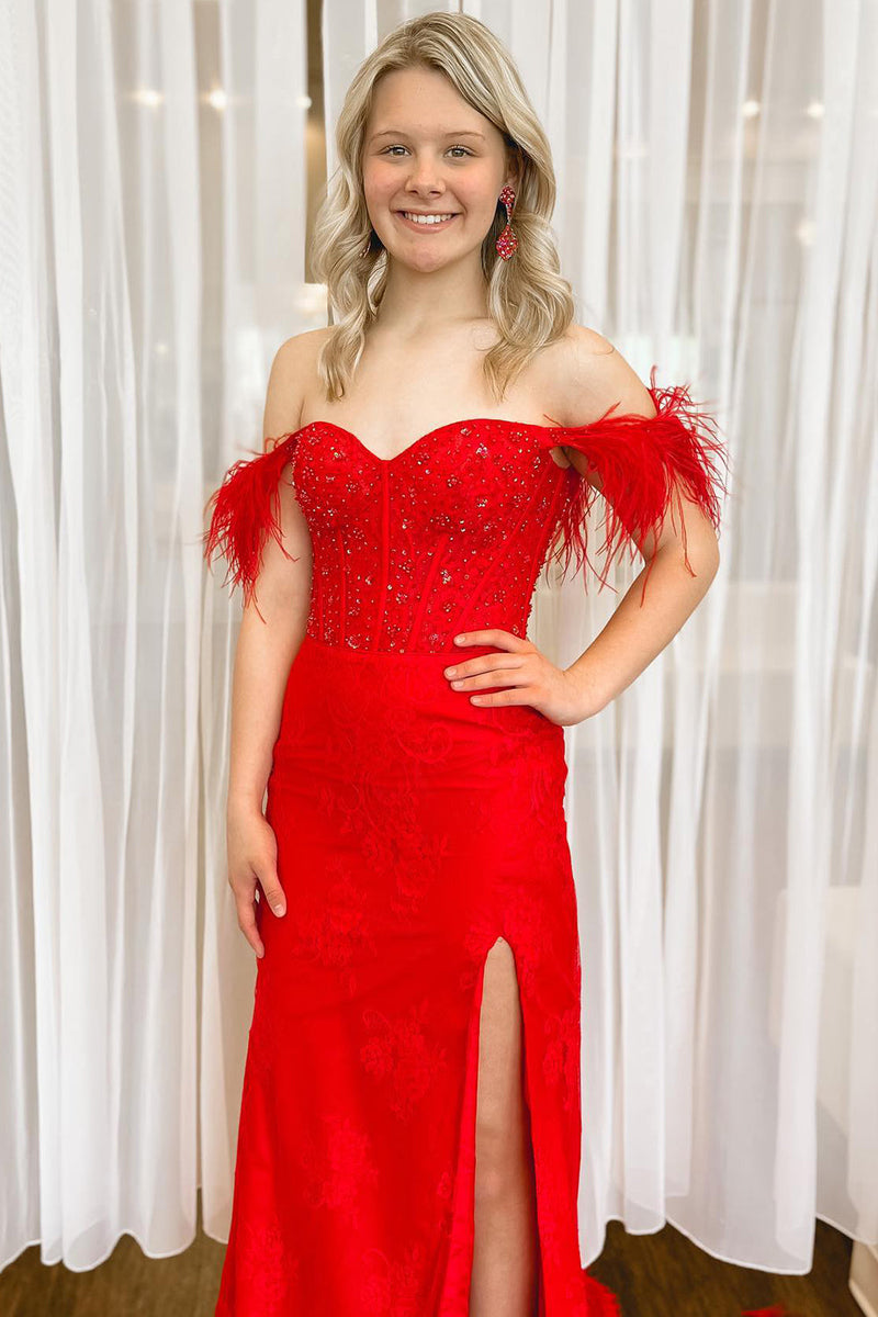 Load image into Gallery viewer, Off the Shoulder Red Corset Prom Dress with Slit