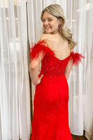 Load image into Gallery viewer, Off the Shoulder Red Corset Prom Dress with Slit