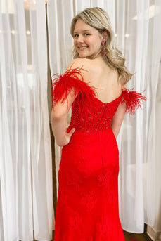 Off the Shoulder Red Corset Prom Dress with Slit