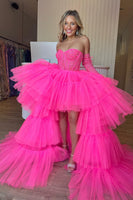 Load image into Gallery viewer, Hot Pink High Low Detachable Sleeves Corset Homecoming Dress with Lace