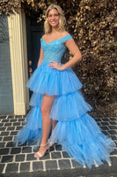 Load image into Gallery viewer, Blue High Low Homecoming Prom Dress with Lace
