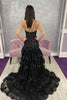 Load image into Gallery viewer, Sparkly Black One Shoulder Tiered Lace Long Prom Dress with Slit