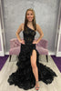 Load image into Gallery viewer, Sparkly Black One Shoulder Tiered Lace Long Prom Dress with Slit