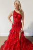 Load image into Gallery viewer, Sparkly Black One Shoulder Tiered Lace Long Prom Dress with Slit