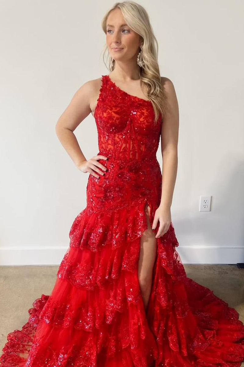 Load image into Gallery viewer, Sparkly Black One Shoulder Tiered Lace Long Prom Dress with Slit