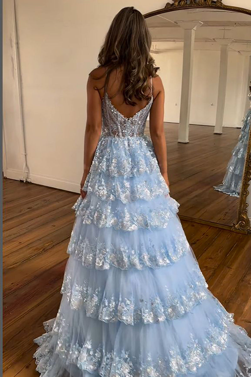 Load image into Gallery viewer, Sparkly Dark Blue Spaghetti Straps Tiered Lace Long Corset Prom Dress