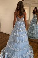 Load image into Gallery viewer, Sparkly Dark Blue Spaghetti Straps Tiered Lace Long Corset Prom Dress