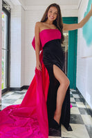 Load image into Gallery viewer, Black Patchwork Strapless Mermaid Long Prom Dress with Back Bowknot
