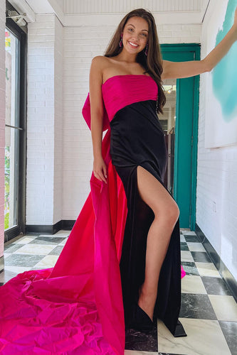 Black Patchwork Strapless Mermaid Long Prom Dress with Back Bowknot