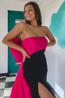 Load image into Gallery viewer, Black Patchwork Strapless Mermaid Long Prom Dress with Back Bowknot