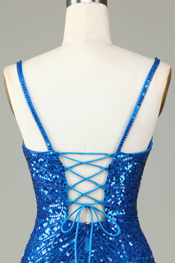 Sheath Spaghetti Straps Peacockt Blue Sequins 1920s Dress with Tassel