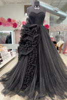 Load image into Gallery viewer, Black Sweetheart A-Line Long Tulle Prom Dress with Ruffles