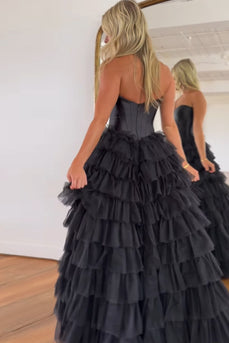 Black Corset Sweetheart A-Line Tiered Long Tulle Prom Dress with Slit