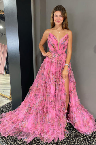 Pink Sweetheart A-Line Floral Long Tulle Prom Dress with Slit