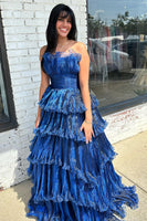 Load image into Gallery viewer, Navy A-Line Tiered Strapless Organza Long Prom Dress
