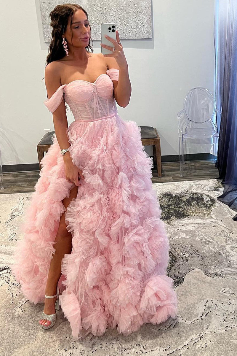 Load image into Gallery viewer, Princess A Line Off the Shoulder Pink Corset Prom Dress with Ruffles