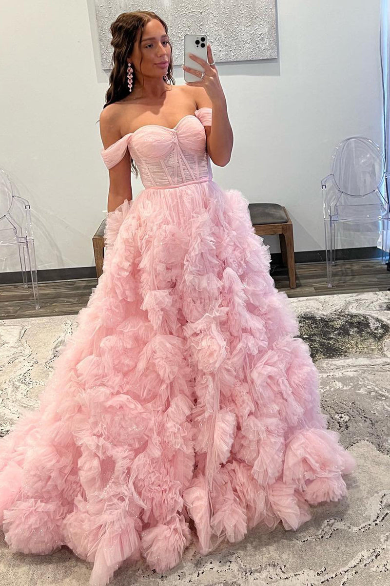 Load image into Gallery viewer, Princess A Line Off the Shoulder Pink Corset Prom Dress with Ruffles