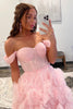 Load image into Gallery viewer, Princess A Line Off the Shoulder Pink Corset Prom Dress with Ruffles