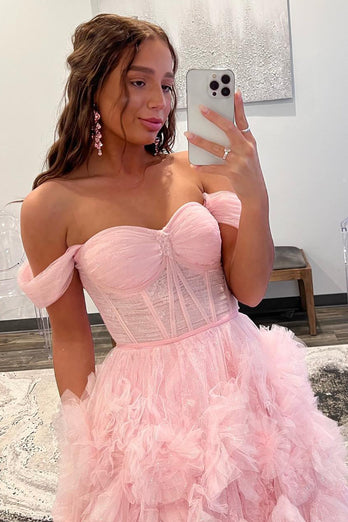 Princess A Line Off the Shoulder Pink Corset Prom Dress with Ruffles