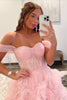 Load image into Gallery viewer, Princess A Line Off the Shoulder Pink Corset Prom Dress with Ruffles