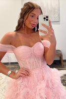 Load image into Gallery viewer, Princess A Line Off the Shoulder Lilac Corset Prom Dress with Ruffles