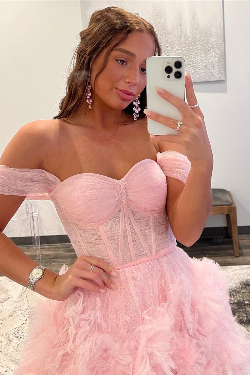 Load image into Gallery viewer, Princess A Line Off the Shoulder Pink Corset Prom Dress with Ruffles
