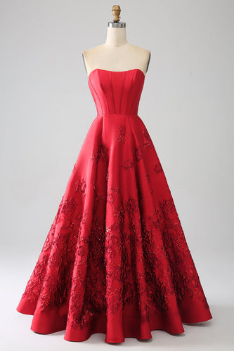 Elegant Princess A-Line Strapless Dark Red Long Prom Dress with 3D Flowers