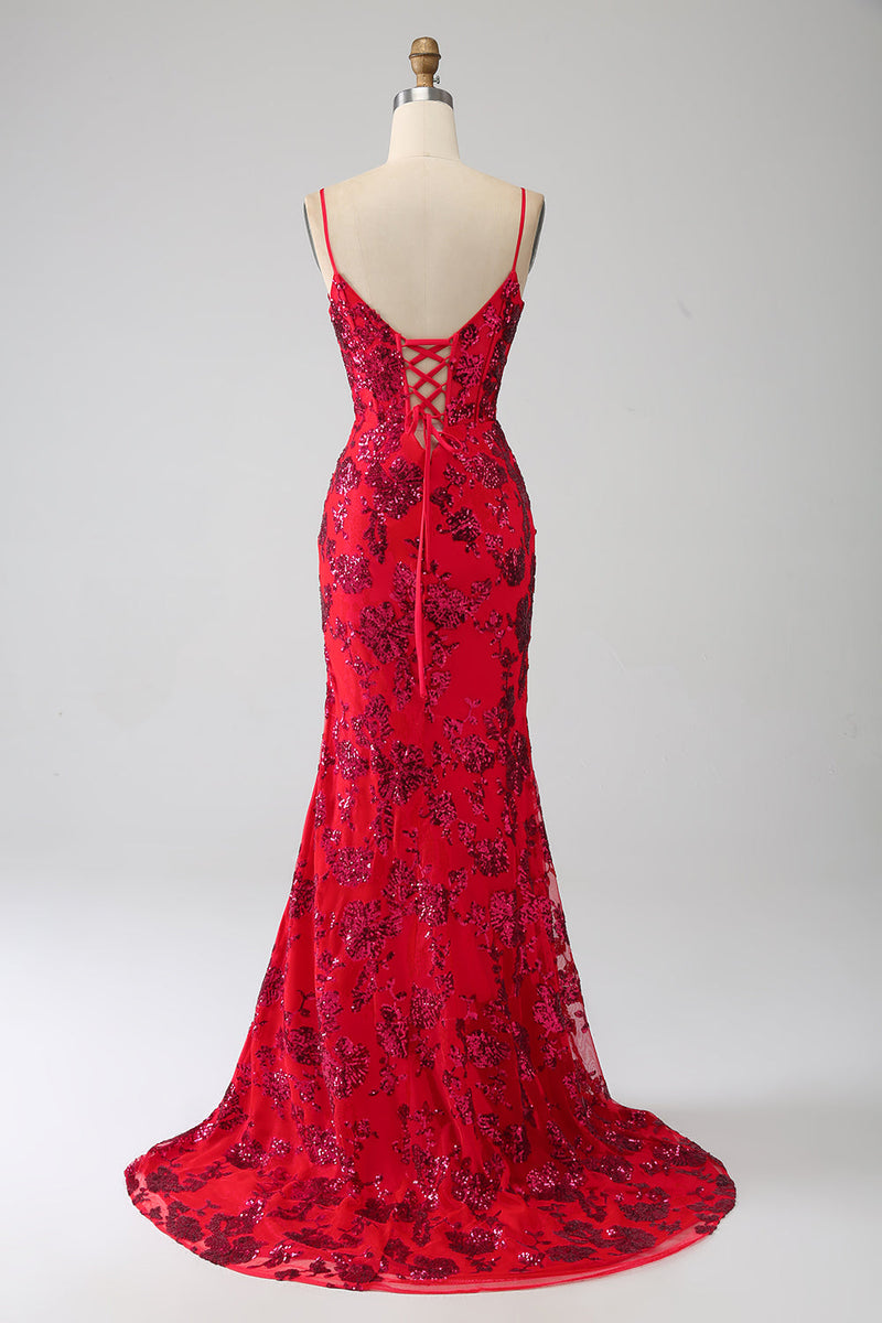 Load image into Gallery viewer, Mermaid Dark Red Sequins Prom Dress with Slit