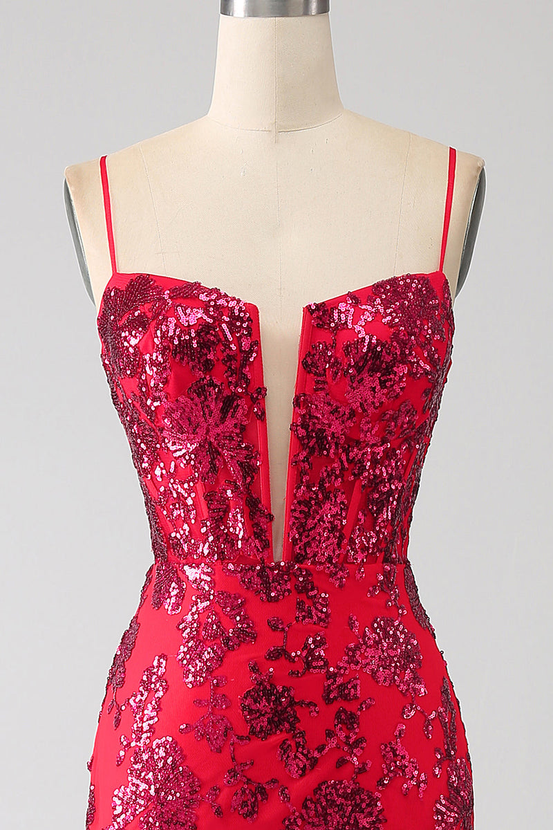 Load image into Gallery viewer, Mermaid Dark Red Sequins Prom Dress with Slit