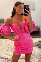 Load image into Gallery viewer, Fuchsia Sparkly Sequins Sweetheart Bodycon Homecoming Dress With Detachable Sleeves