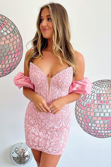 Pink Sweetheart Detachable Sleeves Bodycon Homecoming Dress With Appliques