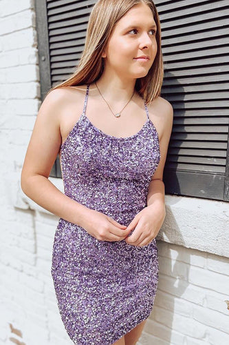 Purple Sparkly Sequins Bodycon Homecoming Dress With Criss Cross Back