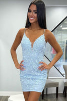 Load image into Gallery viewer, Blue Spaghetti Straps Bodycon Homecoming Dress With Appliques