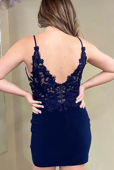 Navy Spaghetti Straps Velvet Bodycon Homecoming Dress With Appliques