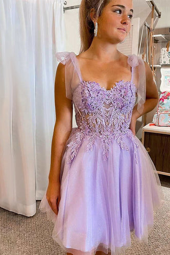 Purple Tulle Spaghetti Straps Homecoming Dress With Appliques