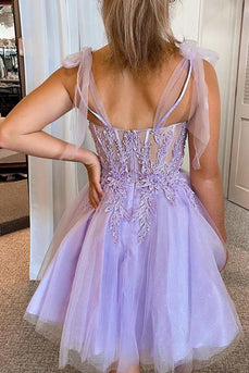 Purple Tulle Spaghetti Straps Homecoming Dress With Appliques