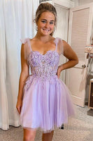 Load image into Gallery viewer, Purple Tulle Spaghetti Straps Homecoming Dress With Appliques