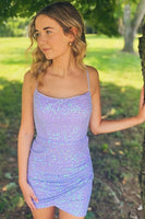 Load image into Gallery viewer, Lavender Sparkly Sequins Bodycon Homecoming Dress With Criss Cross Back