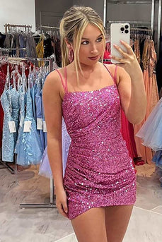 Neon Pink Sparkly Sequins Bodycon Homecoming Dress With Criss Cross Back