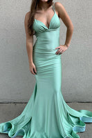 Load image into Gallery viewer, Green Mermaid Satin Backless Long Prom Dress