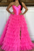Load image into Gallery viewer, Black Corset Sweetheart A-Line Tiered Long Tulle Prom Dress with Slit
