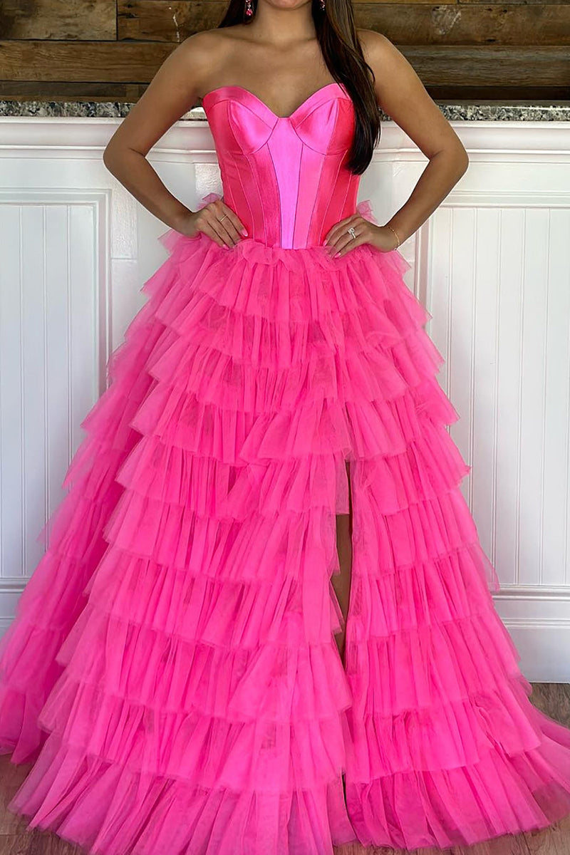 Load image into Gallery viewer, Black Corset Sweetheart A-Line Tiered Long Tulle Prom Dress with Slit